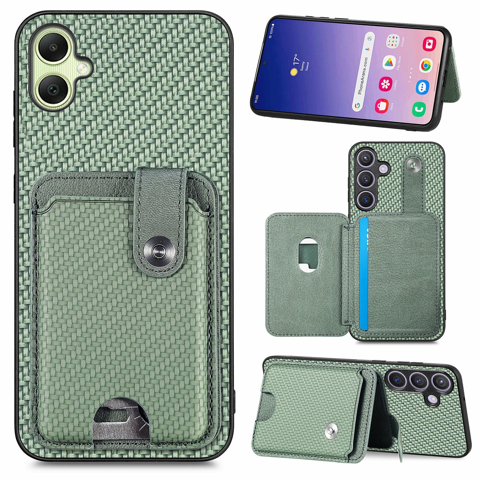 For Samsung Galaxy A06 Case Card Holder Leather+PC+TPU Phone Cover with Card Knife - Green