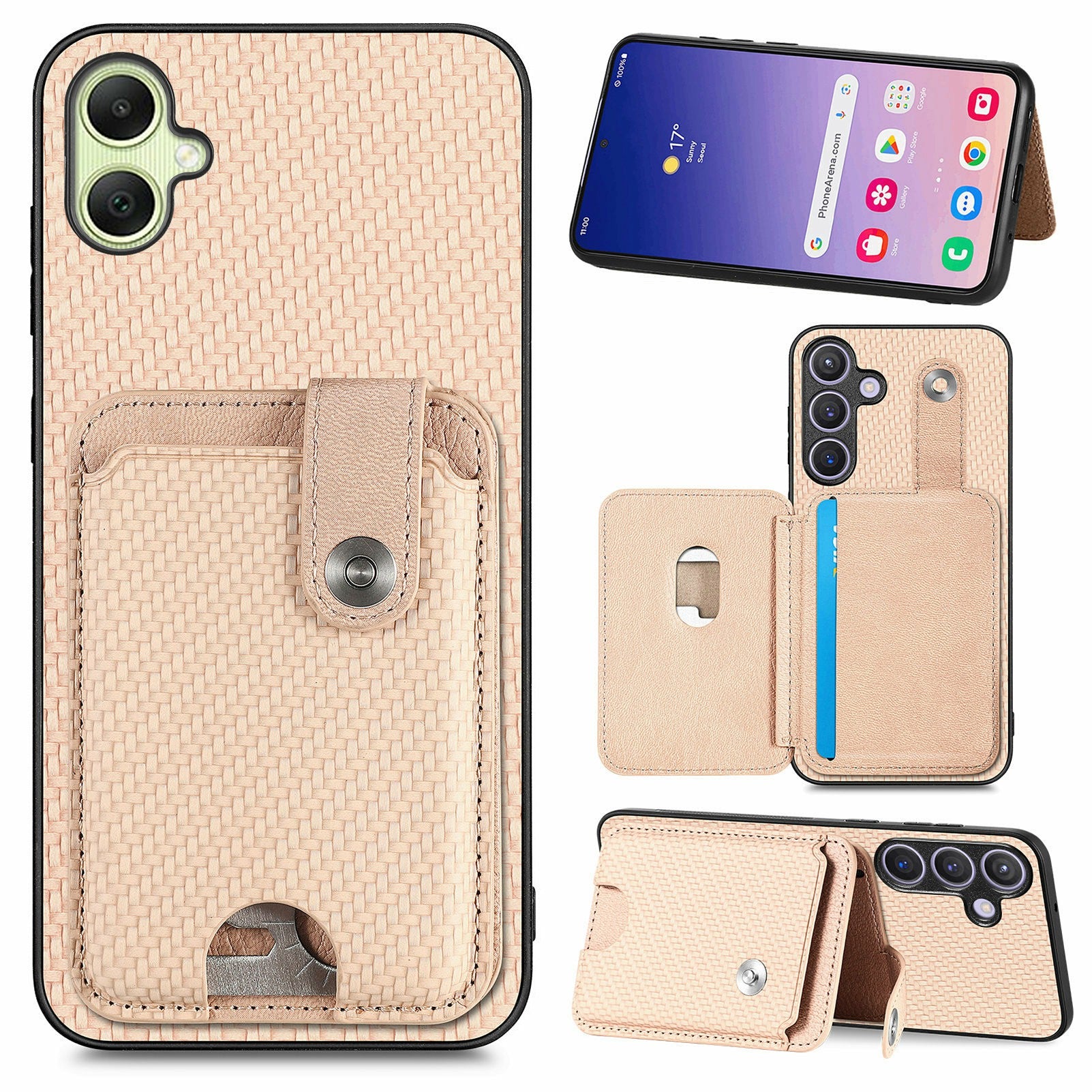 For Samsung Galaxy A06 Case Card Holder Leather+PC+TPU Phone Cover with Card Knife - Khaki
