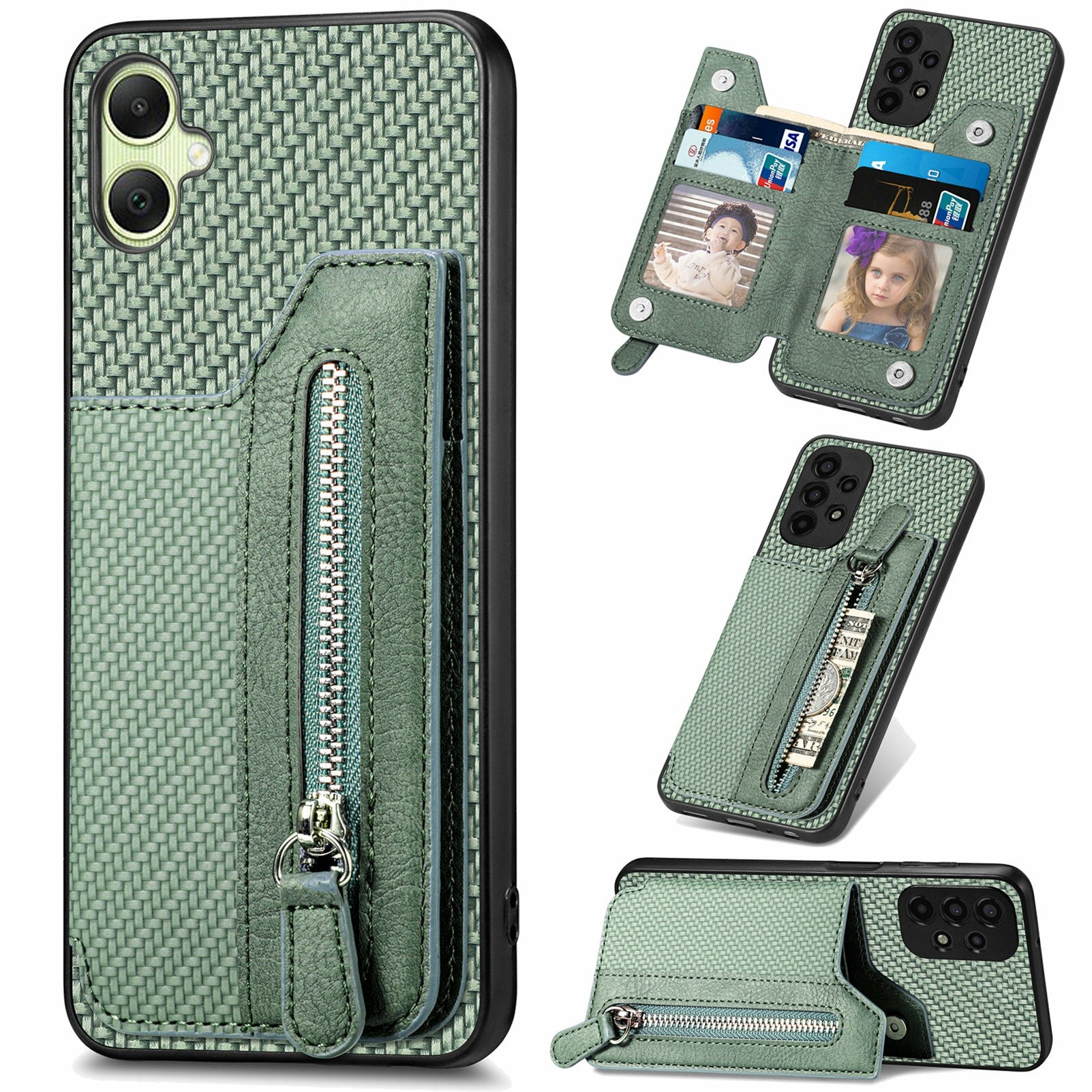 For Samsung Galaxy A06 Case Leather+PC+TPU Zipper Pocket Kickstand Phone Cover - Green