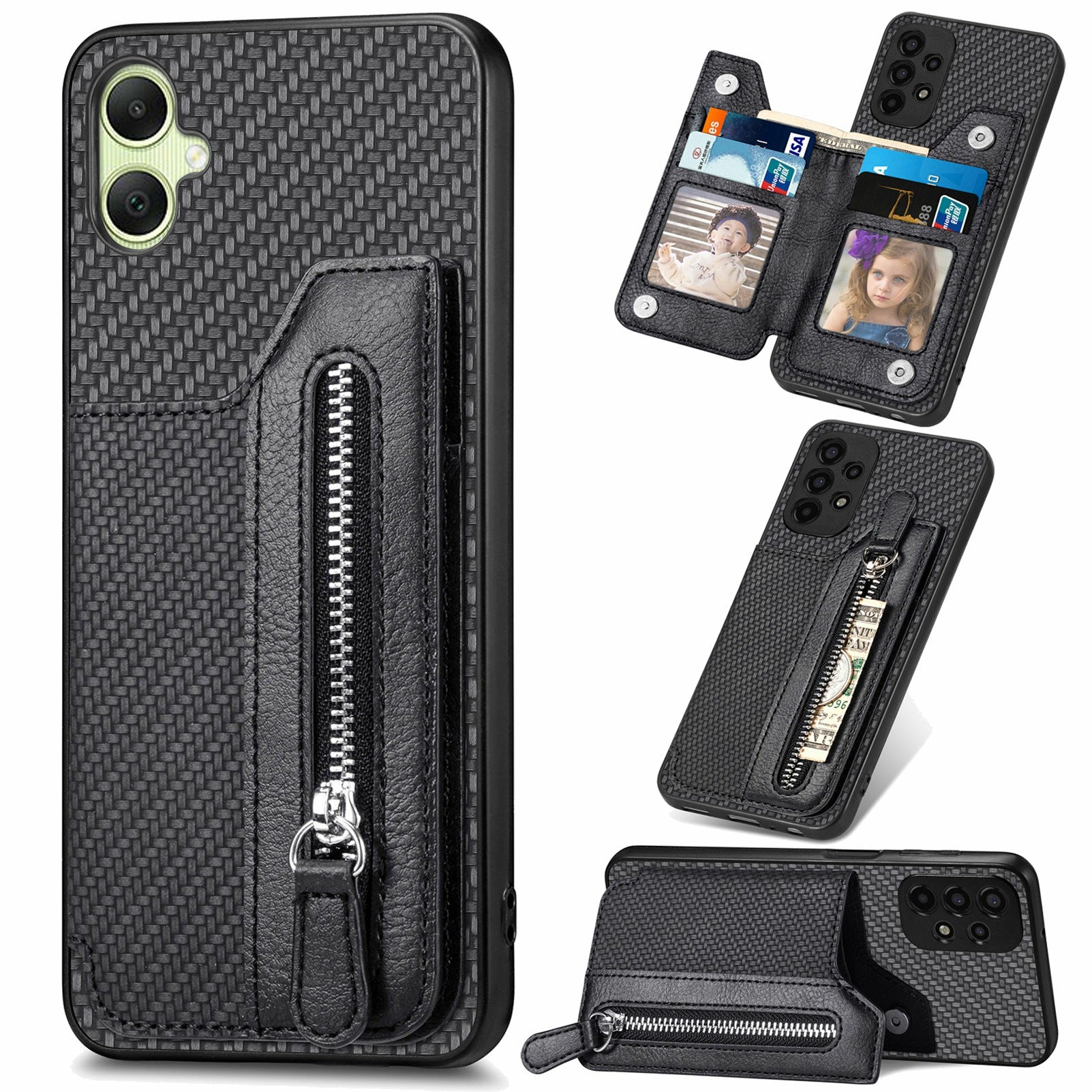 For Samsung Galaxy A06 Case Leather+PC+TPU Zipper Pocket Kickstand Phone Cover - Black