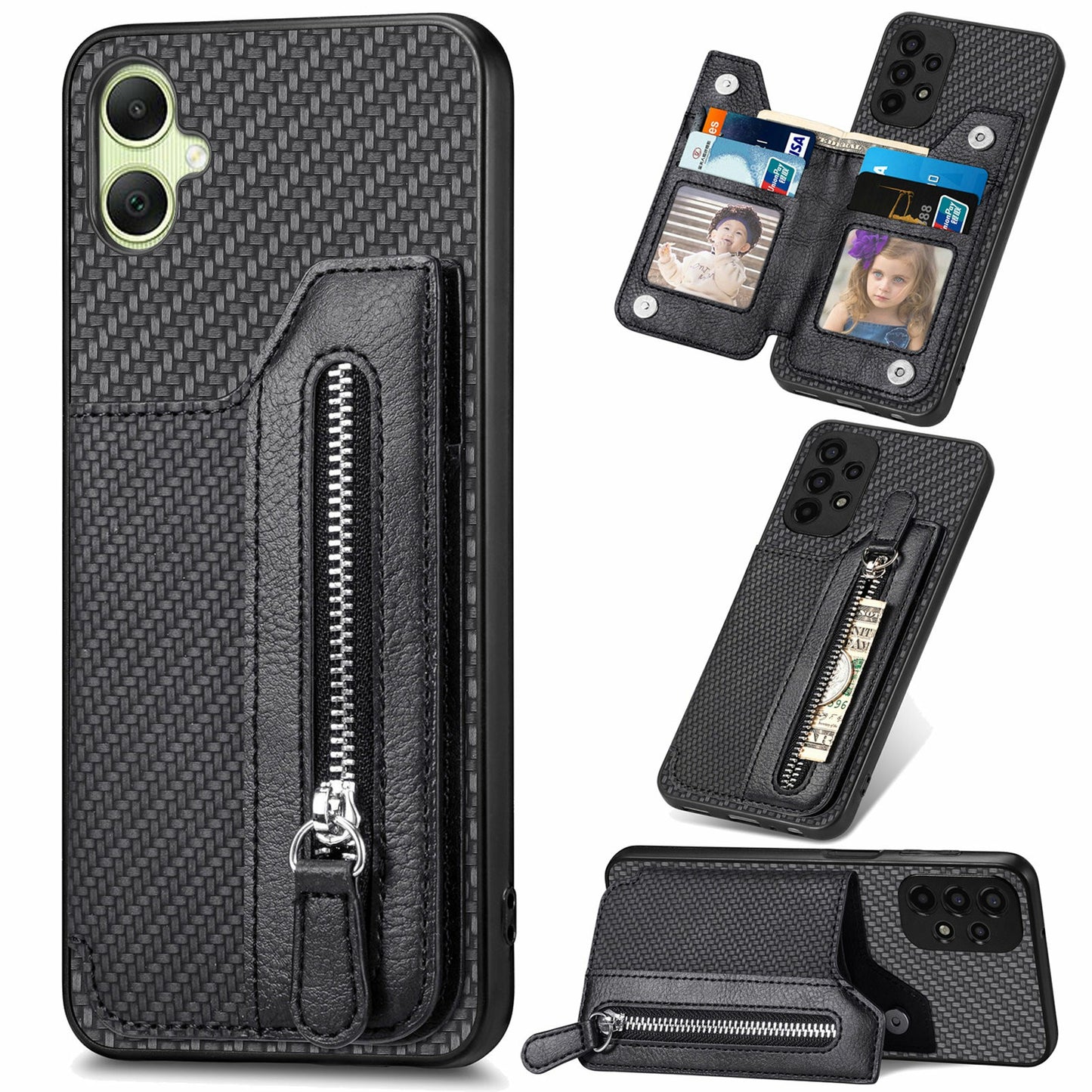 For Samsung Galaxy A06 Case Leather+PC+TPU Zipper Pocket Kickstand Phone Cover - Black