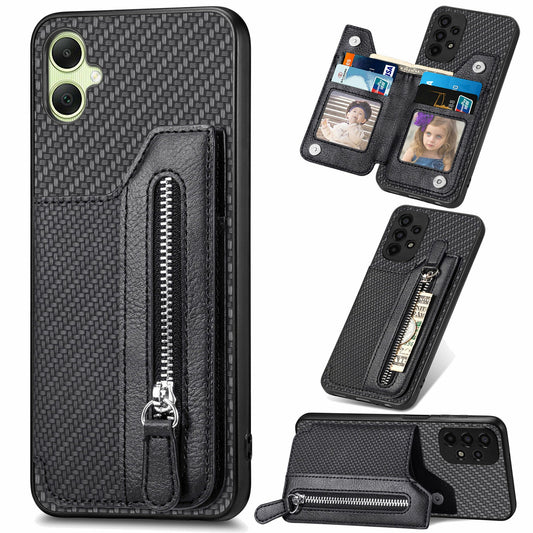 For Samsung Galaxy A06 Case Leather+PC+TPU Zipper Pocket Kickstand Phone Cover - Black
