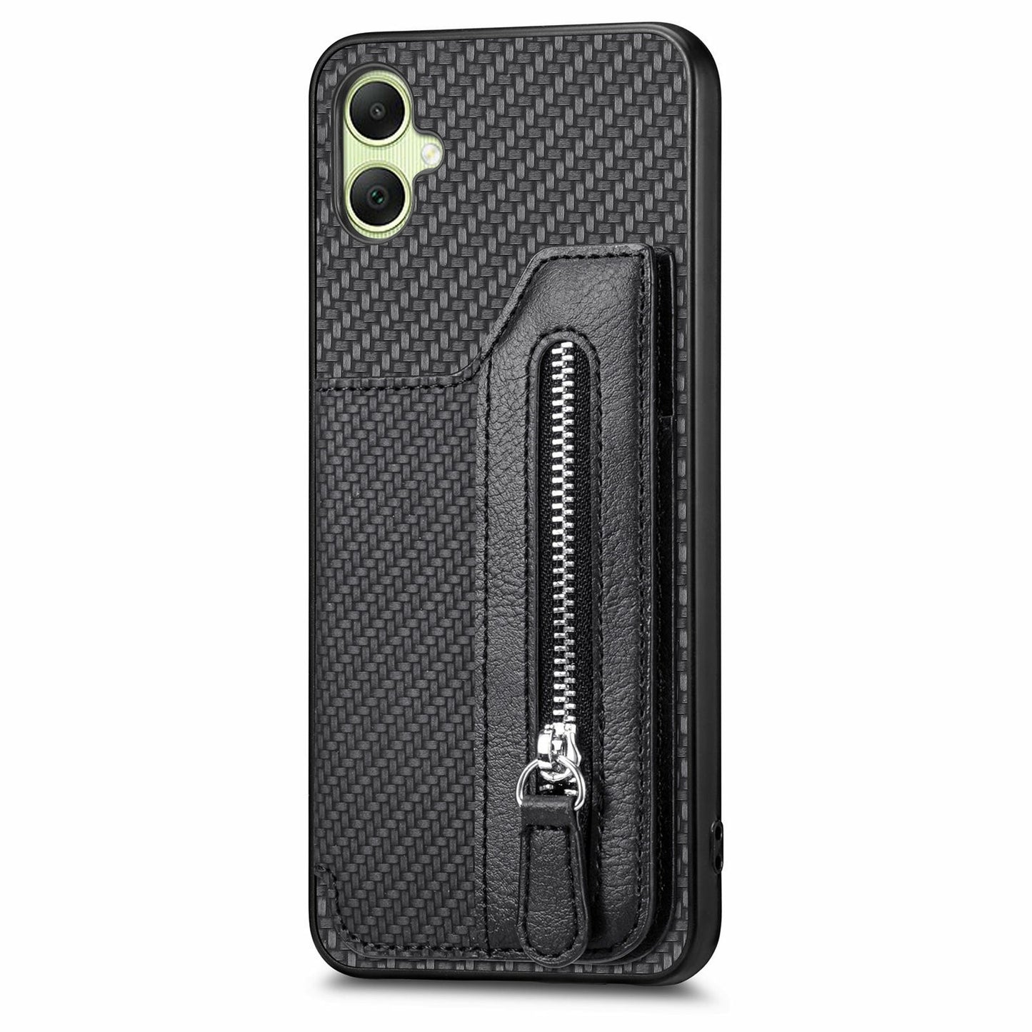 For Samsung Galaxy A06 Case Leather+PC+TPU Zipper Pocket Kickstand Phone Cover - Black