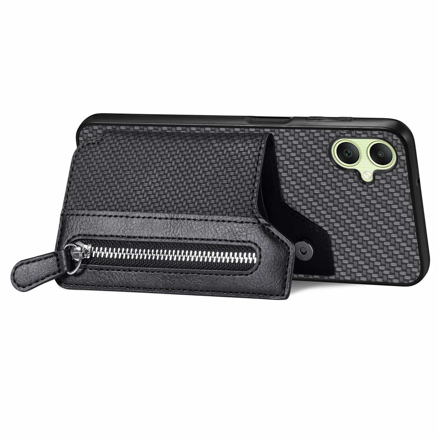 For Samsung Galaxy A06 Case Leather+PC+TPU Zipper Pocket Kickstand Phone Cover - Black