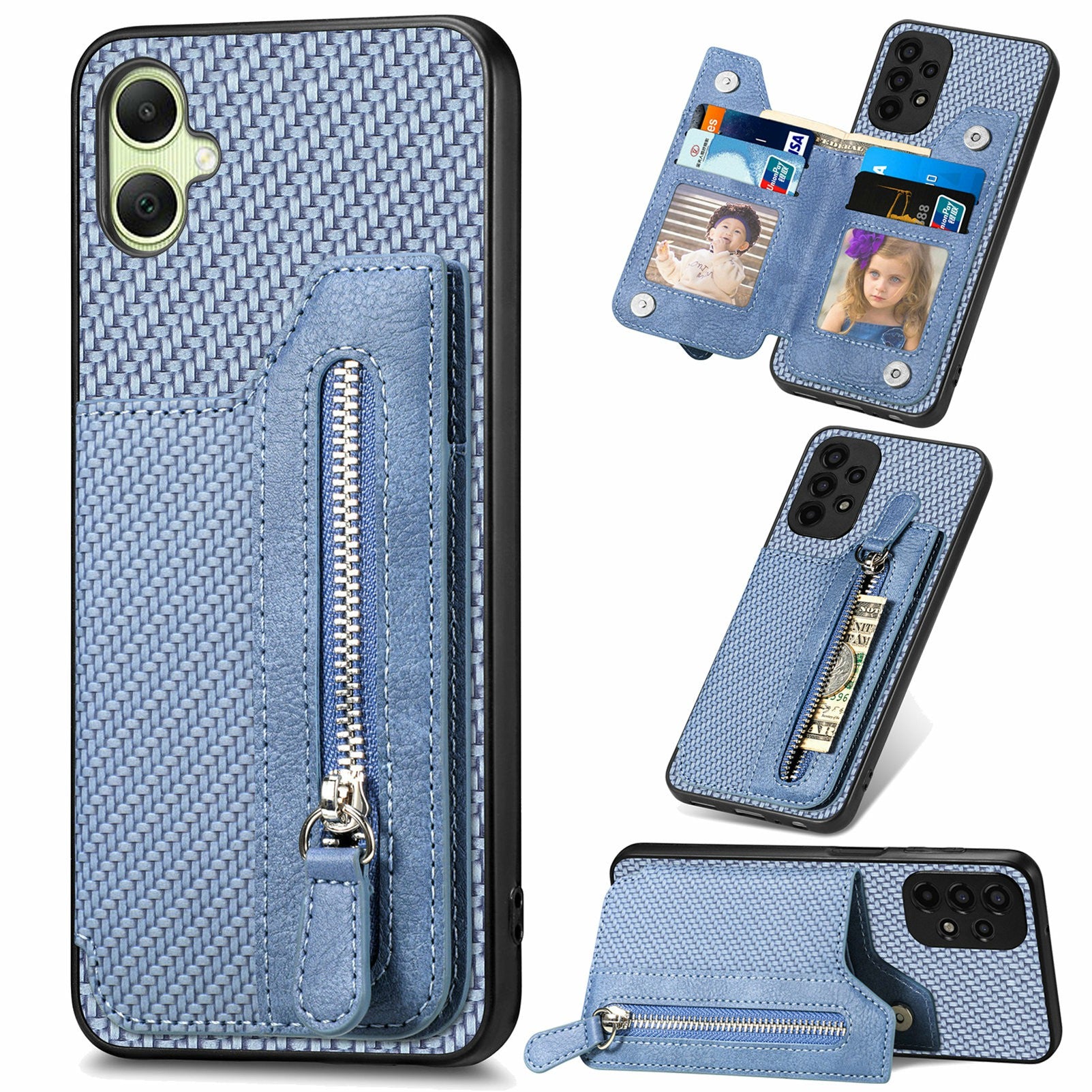 For Samsung Galaxy A06 Case Leather+PC+TPU Zipper Pocket Kickstand Phone Cover - Blue
