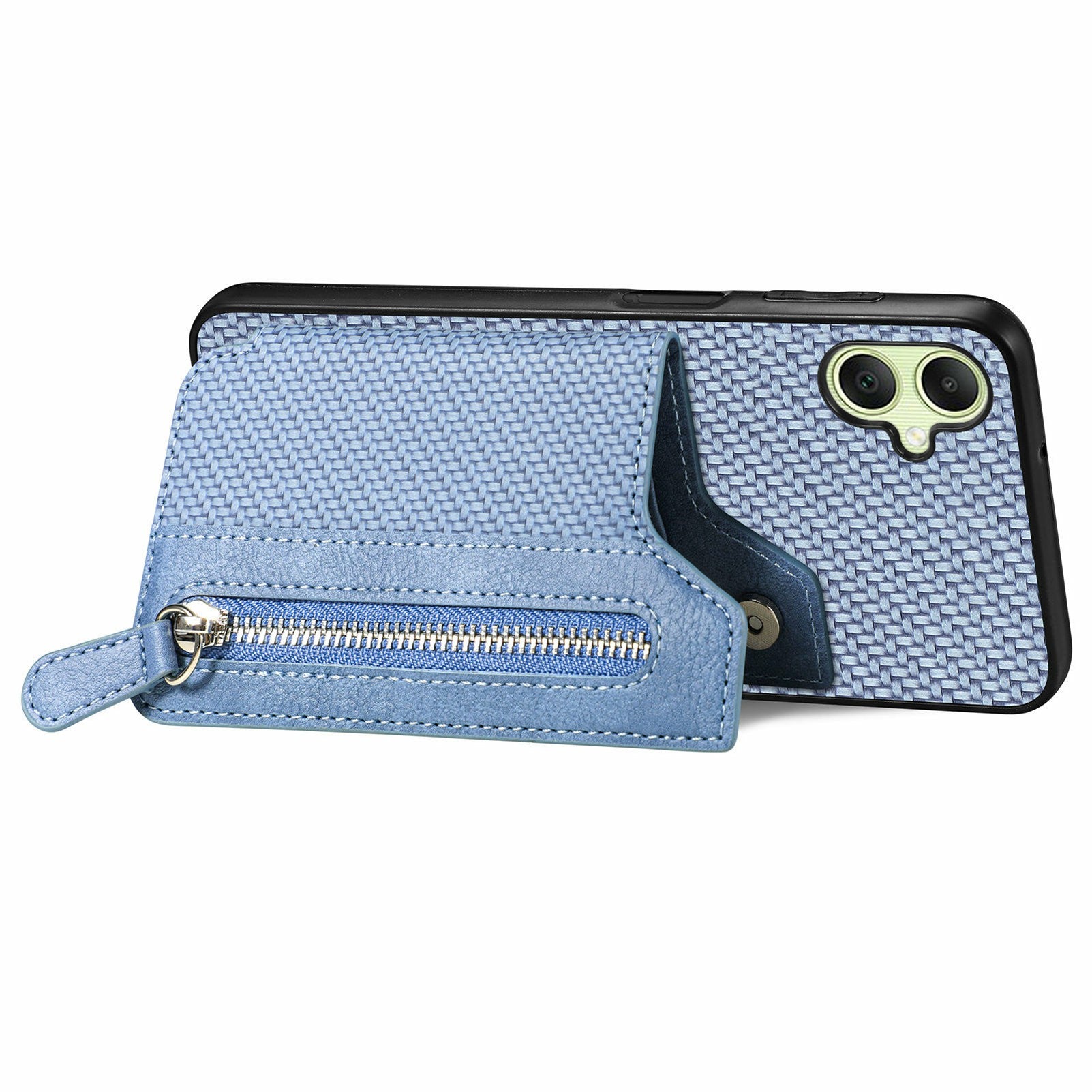 For Samsung Galaxy A06 Case Leather+PC+TPU Zipper Pocket Kickstand Phone Cover - Blue