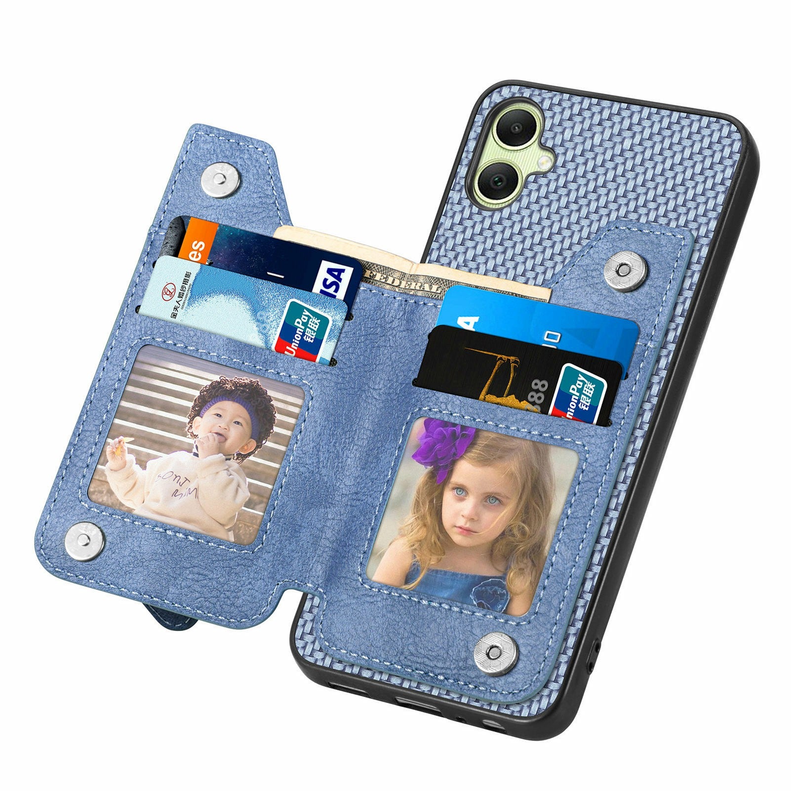 For Samsung Galaxy A06 Case Leather+PC+TPU Zipper Pocket Kickstand Phone Cover - Blue
