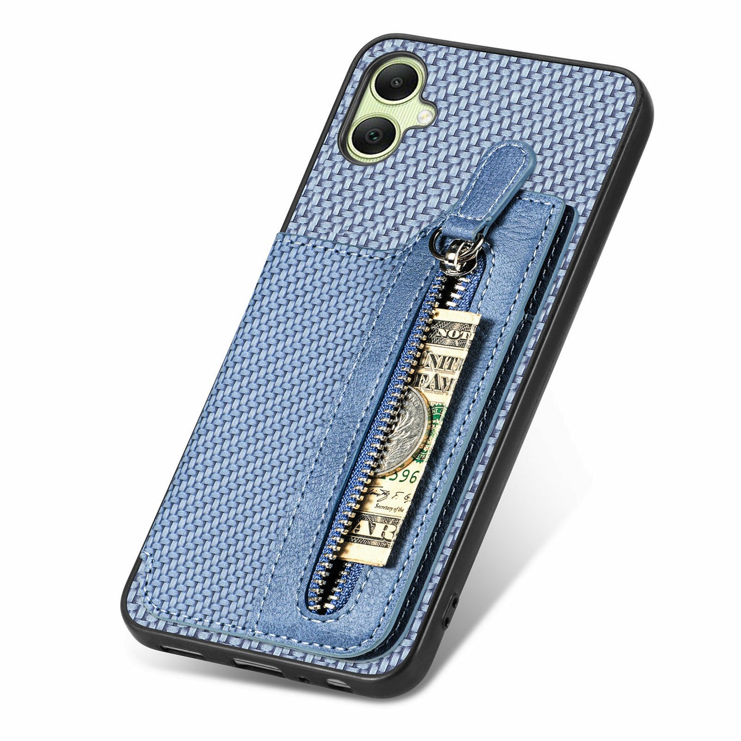 For Samsung Galaxy A06 Case Leather+PC+TPU Zipper Pocket Kickstand Phone Cover - Blue