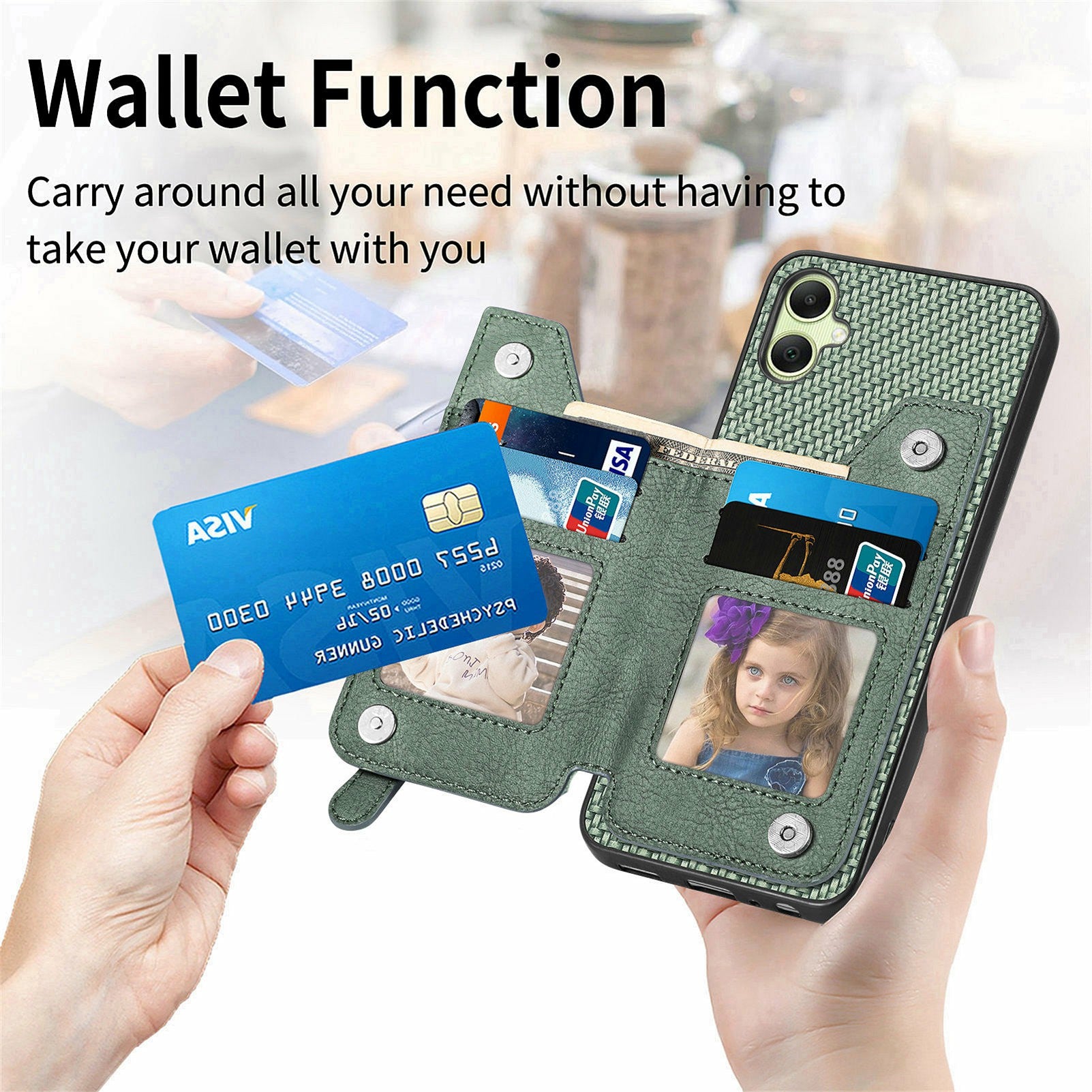For Samsung Galaxy A06 Case Leather+PC+TPU Zipper Pocket Kickstand Phone Cover - Blue