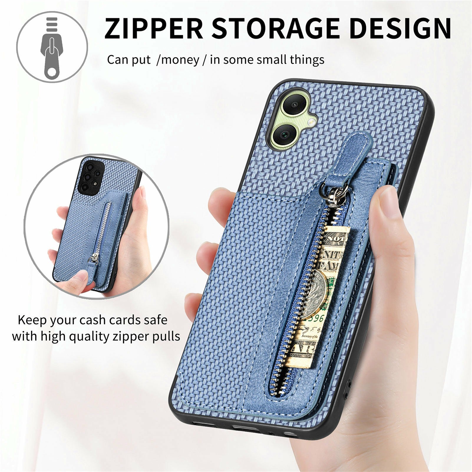 For Samsung Galaxy A06 Case Leather+PC+TPU Zipper Pocket Kickstand Phone Cover - Blue