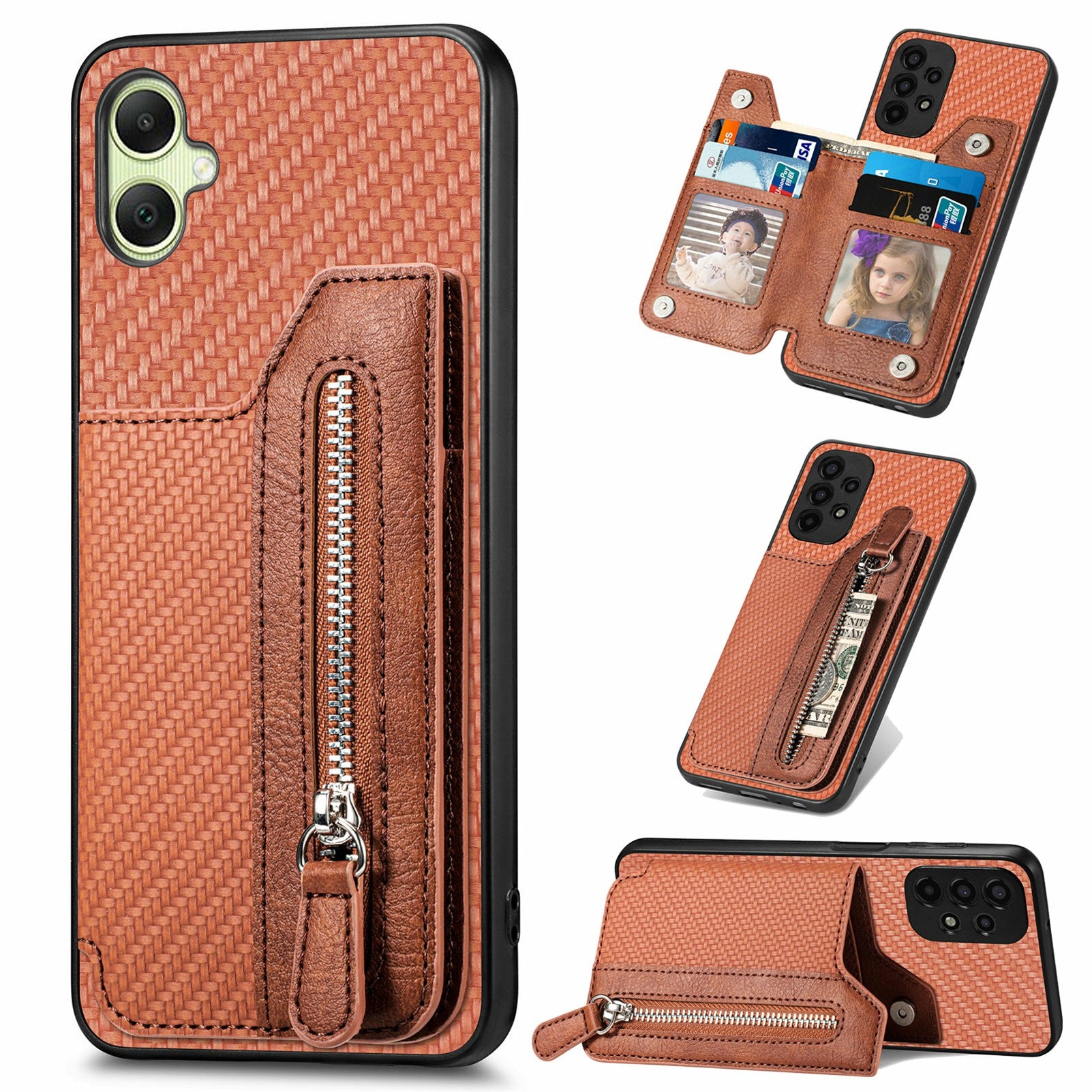For Samsung Galaxy A06 Case Leather+PC+TPU Zipper Pocket Kickstand Phone Cover - Brown