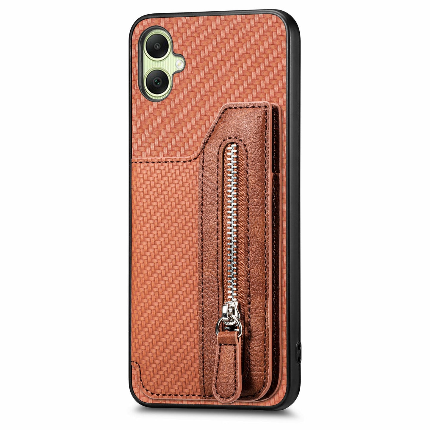 For Samsung Galaxy A06 Case Leather+PC+TPU Zipper Pocket Kickstand Phone Cover - Brown