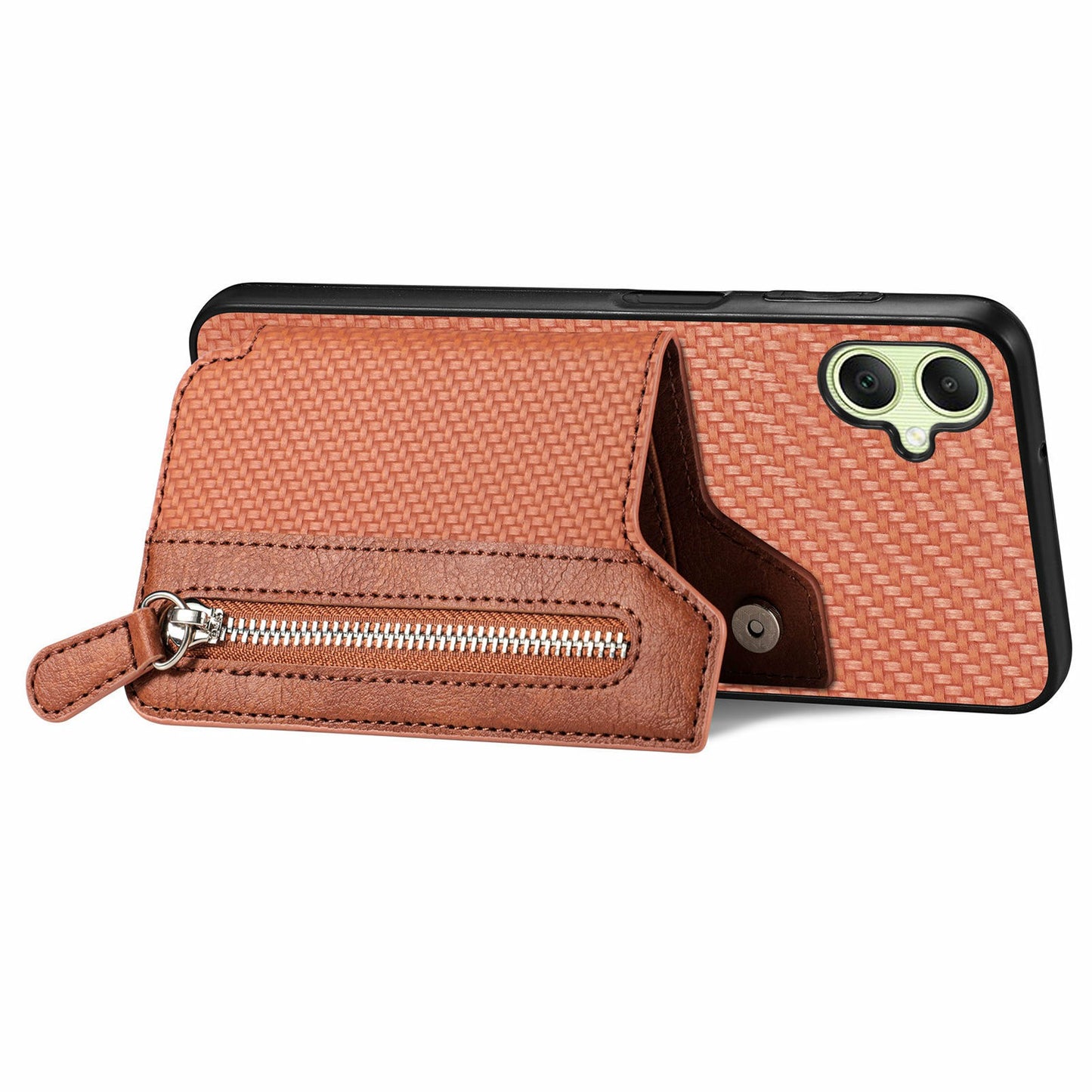 For Samsung Galaxy A06 Case Leather+PC+TPU Zipper Pocket Kickstand Phone Cover - Brown