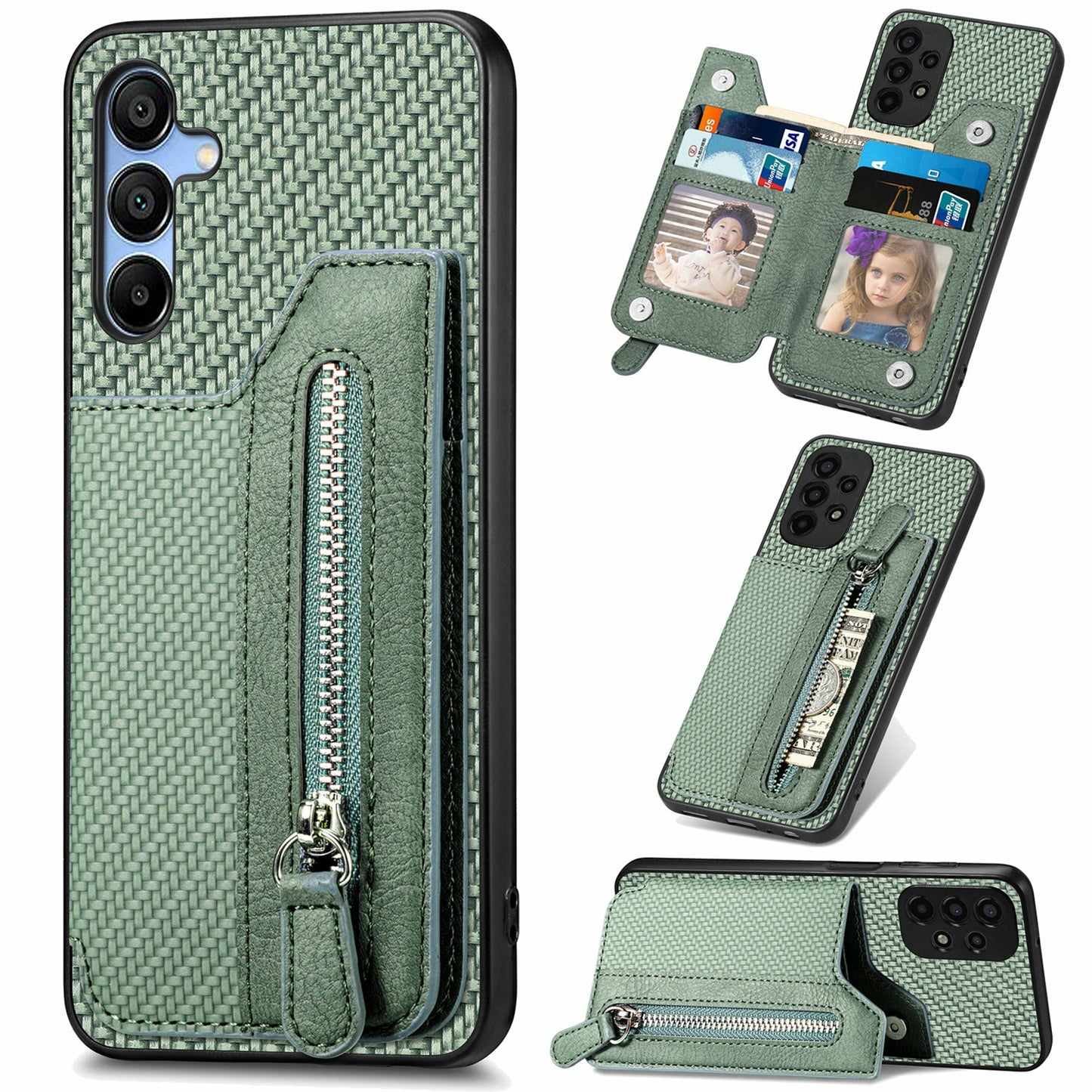 For Samsung Galaxy A16 4G / 5G Case Leather+PC+TPU Zipper Pocket Kickstand Phone Cover - Green