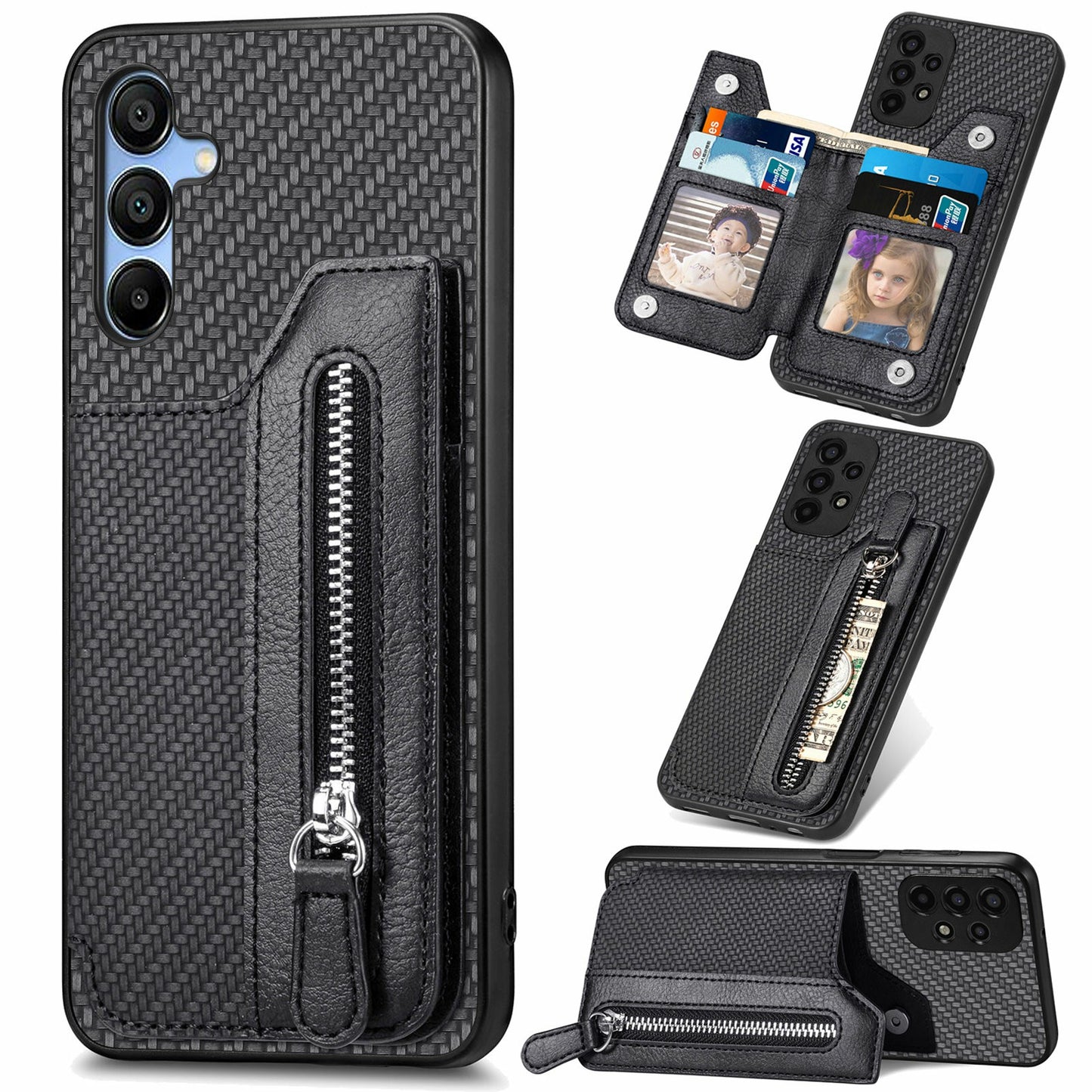 For Samsung Galaxy A16 4G / 5G Case Leather+PC+TPU Zipper Pocket Kickstand Phone Cover - Black