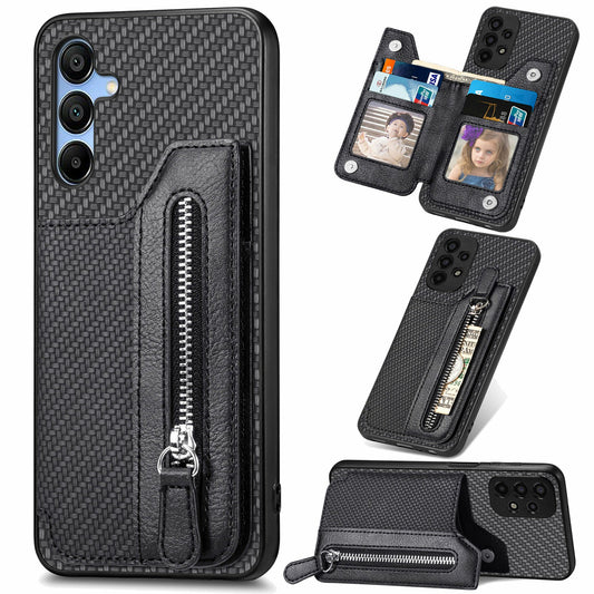 For Samsung Galaxy A16 4G / 5G Case Leather+PC+TPU Zipper Pocket Kickstand Phone Cover - Black