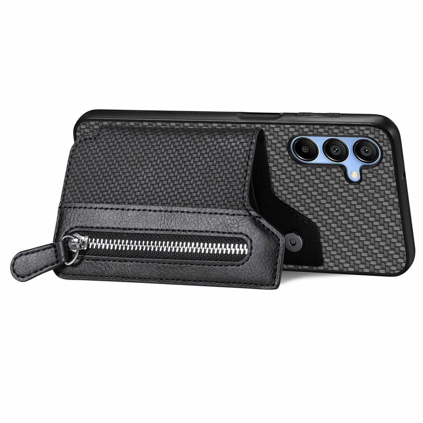 For Samsung Galaxy A16 4G / 5G Case Leather+PC+TPU Zipper Pocket Kickstand Phone Cover - Black