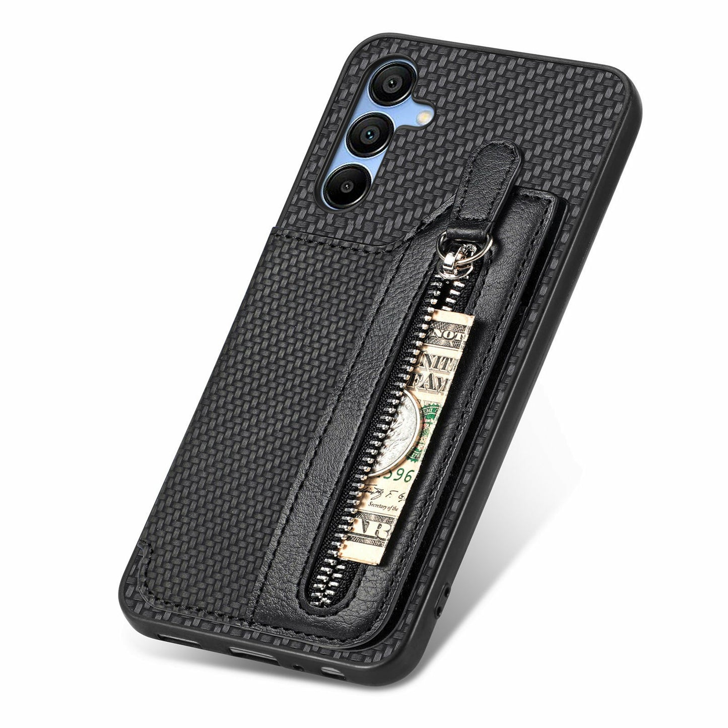 For Samsung Galaxy A16 4G / 5G Case Leather+PC+TPU Zipper Pocket Kickstand Phone Cover - Black