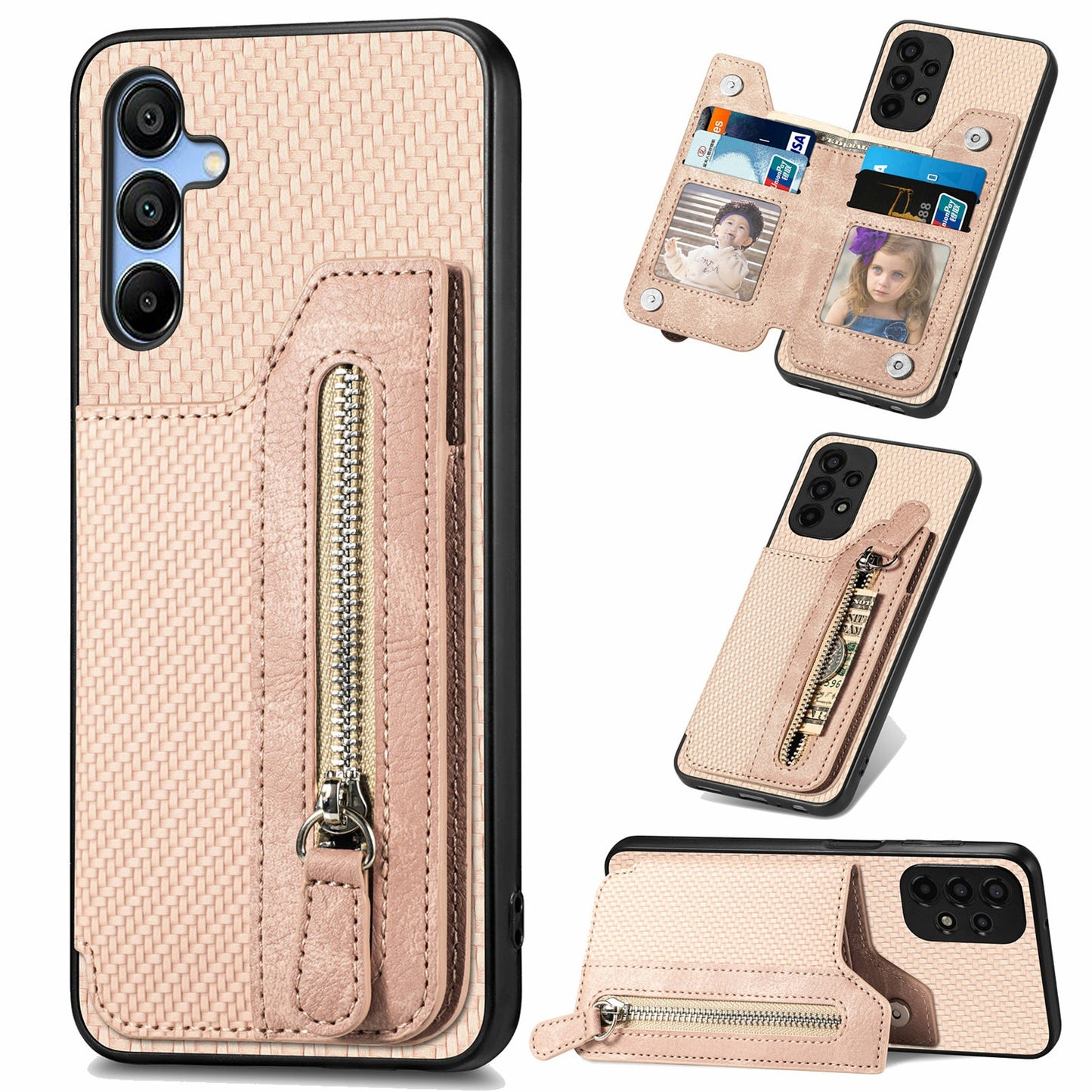 For Samsung Galaxy A16 4G / 5G Case Leather+PC+TPU Zipper Pocket Kickstand Phone Cover - Apricot