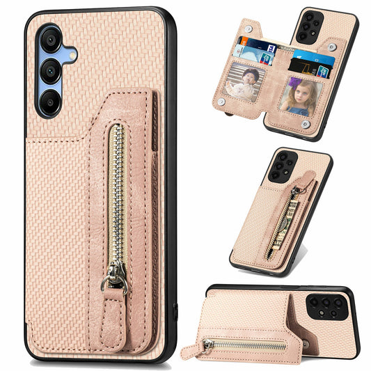 For Samsung Galaxy A16 4G / 5G Case Leather+PC+TPU Zipper Pocket Kickstand Phone Cover - Apricot