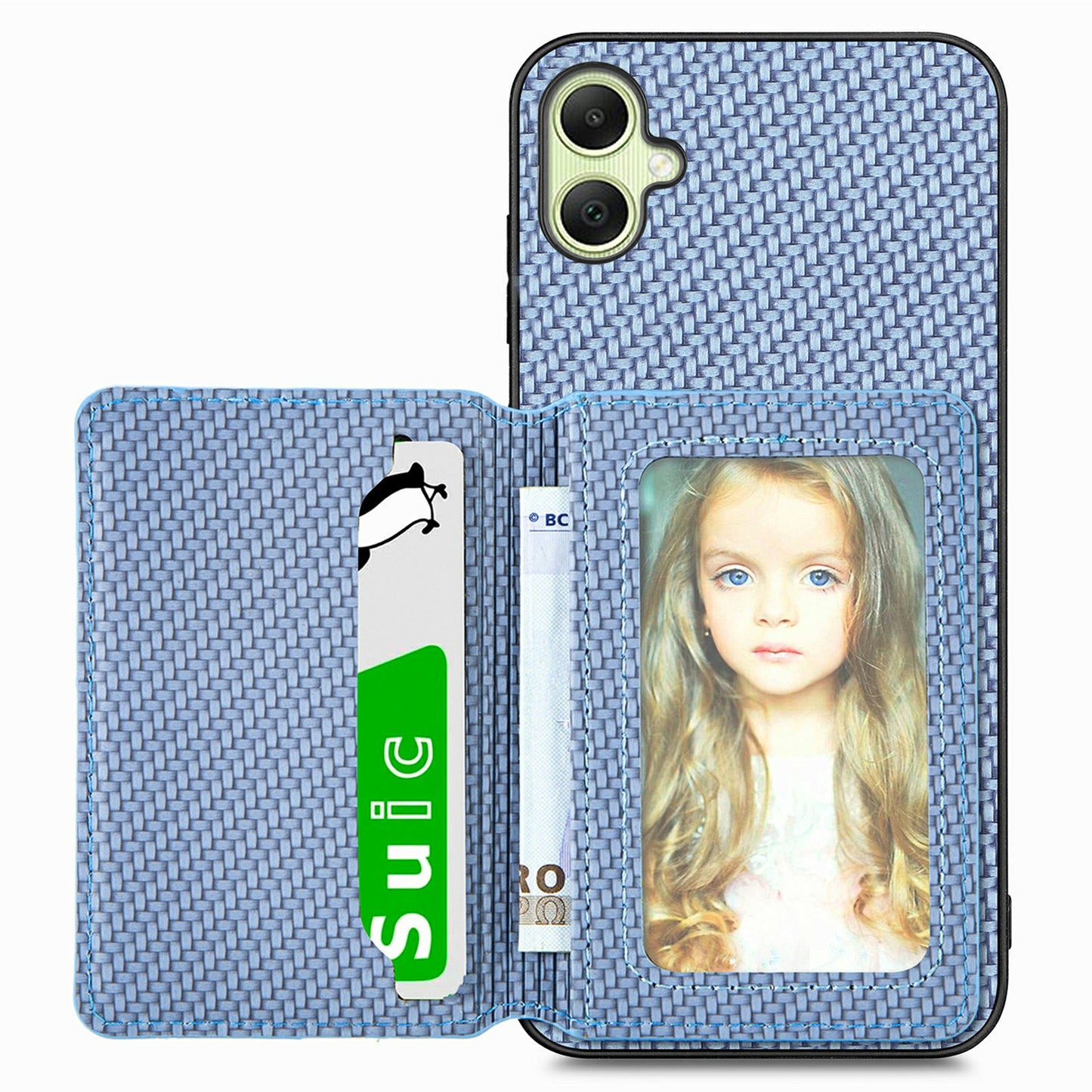 For Samsung Galaxy A06 Case RFID Blocking Card Holder Carbon Fiber Leather+PC+TPU Phone Cover - Blue