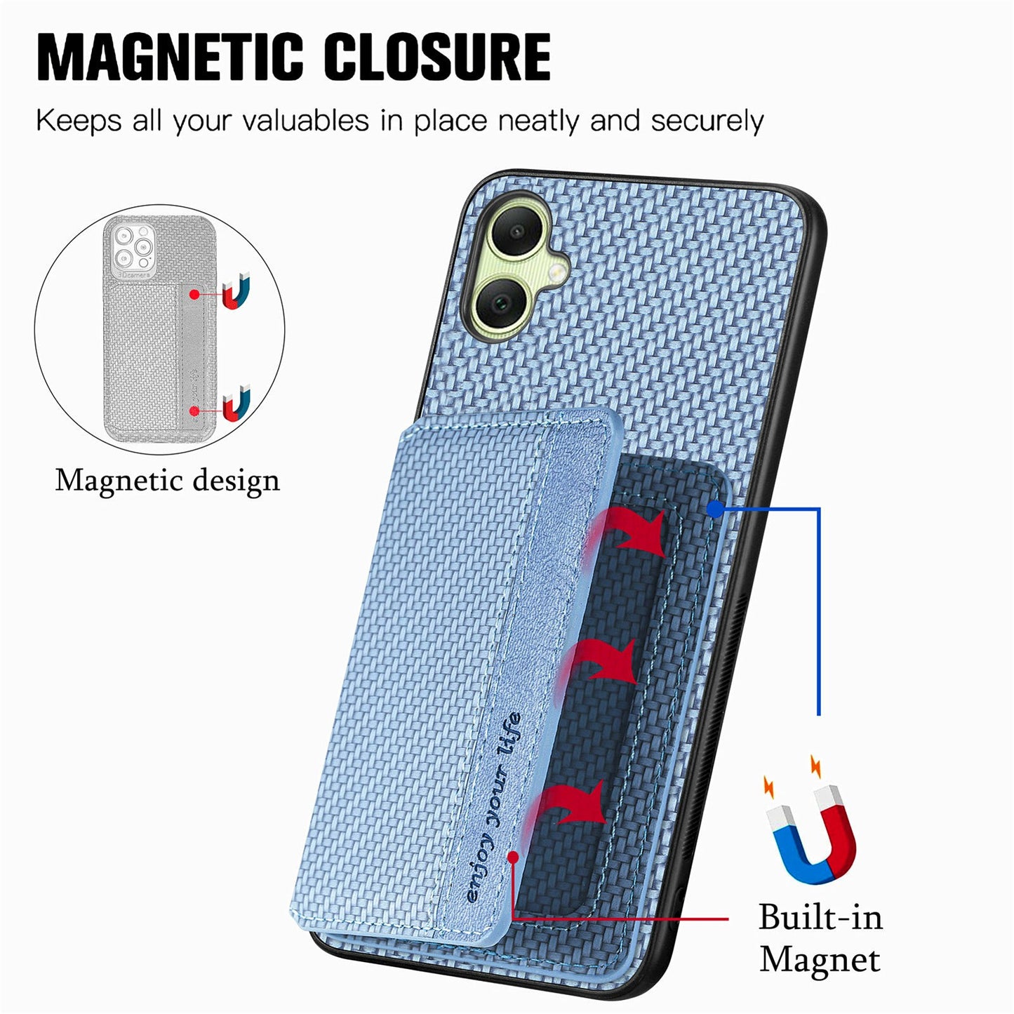 For Samsung Galaxy A06 Case RFID Blocking Card Holder Carbon Fiber Leather+PC+TPU Phone Cover - Blue