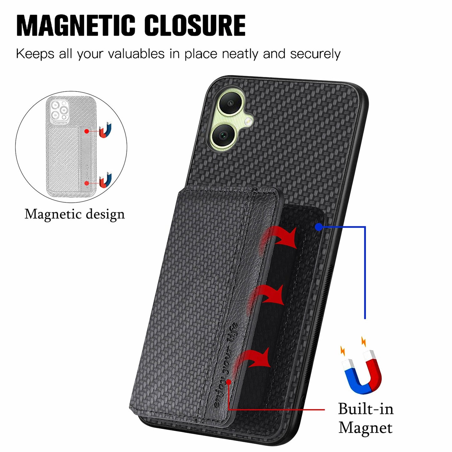 For Samsung Galaxy A06 Case RFID Blocking Card Holder Carbon Fiber Leather+PC+TPU Phone Cover - Black