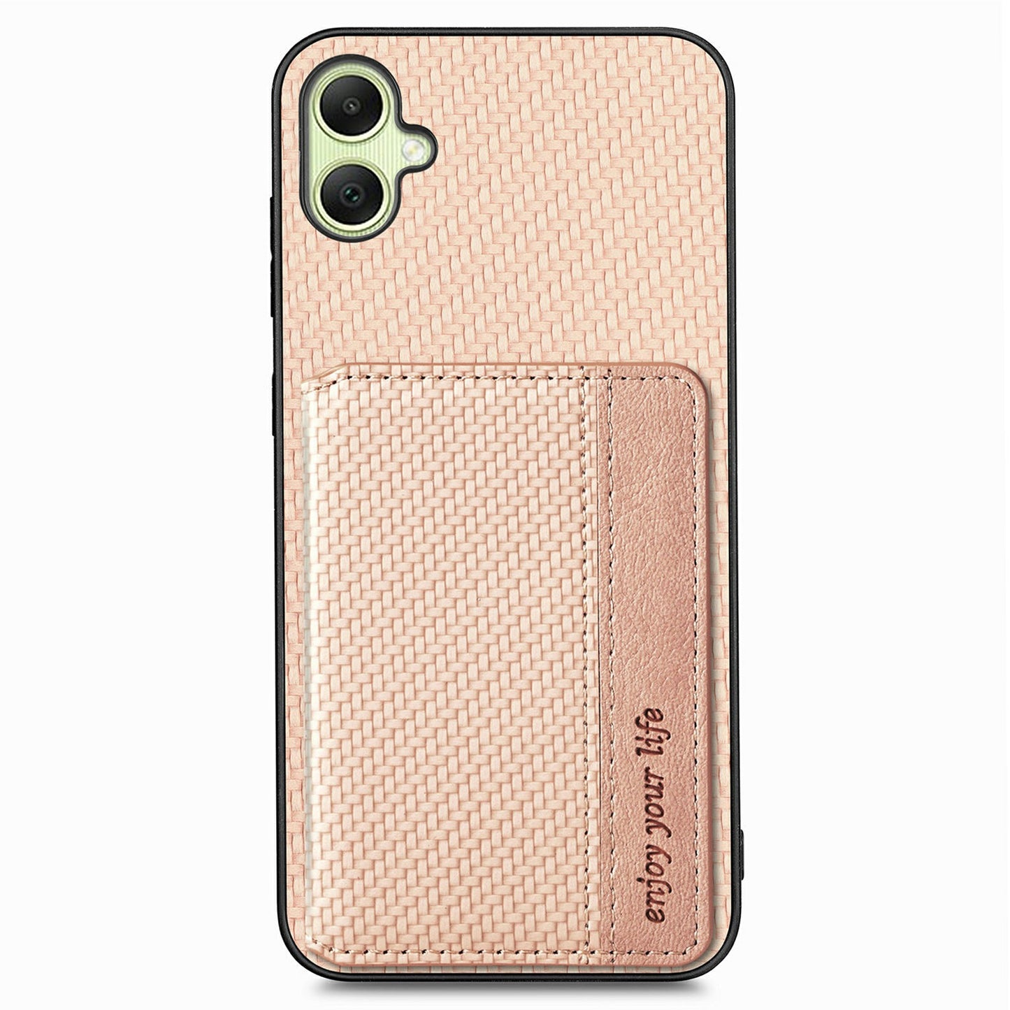 For Samsung Galaxy A06 Case RFID Blocking Card Holder Carbon Fiber Leather+PC+TPU Phone Cover - Apricot