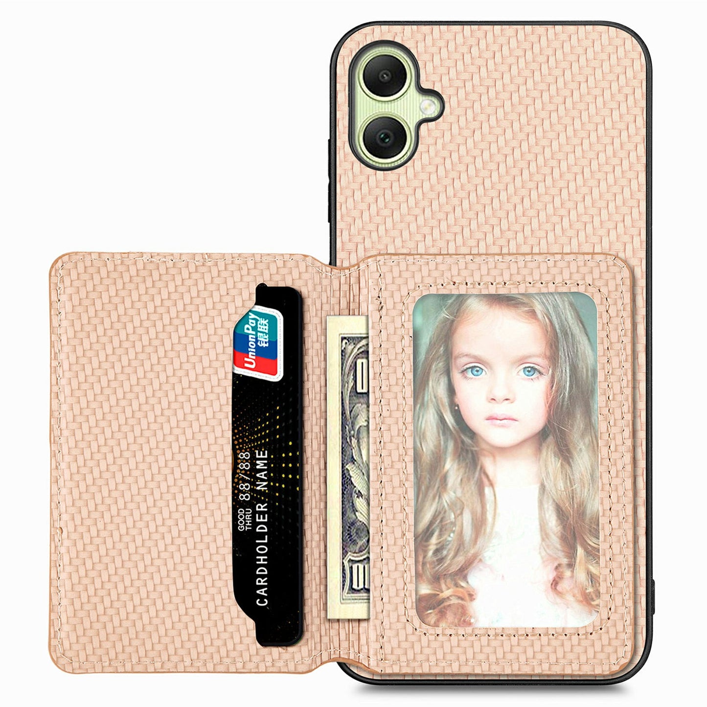 For Samsung Galaxy A06 Case RFID Blocking Card Holder Carbon Fiber Leather+PC+TPU Phone Cover - Apricot