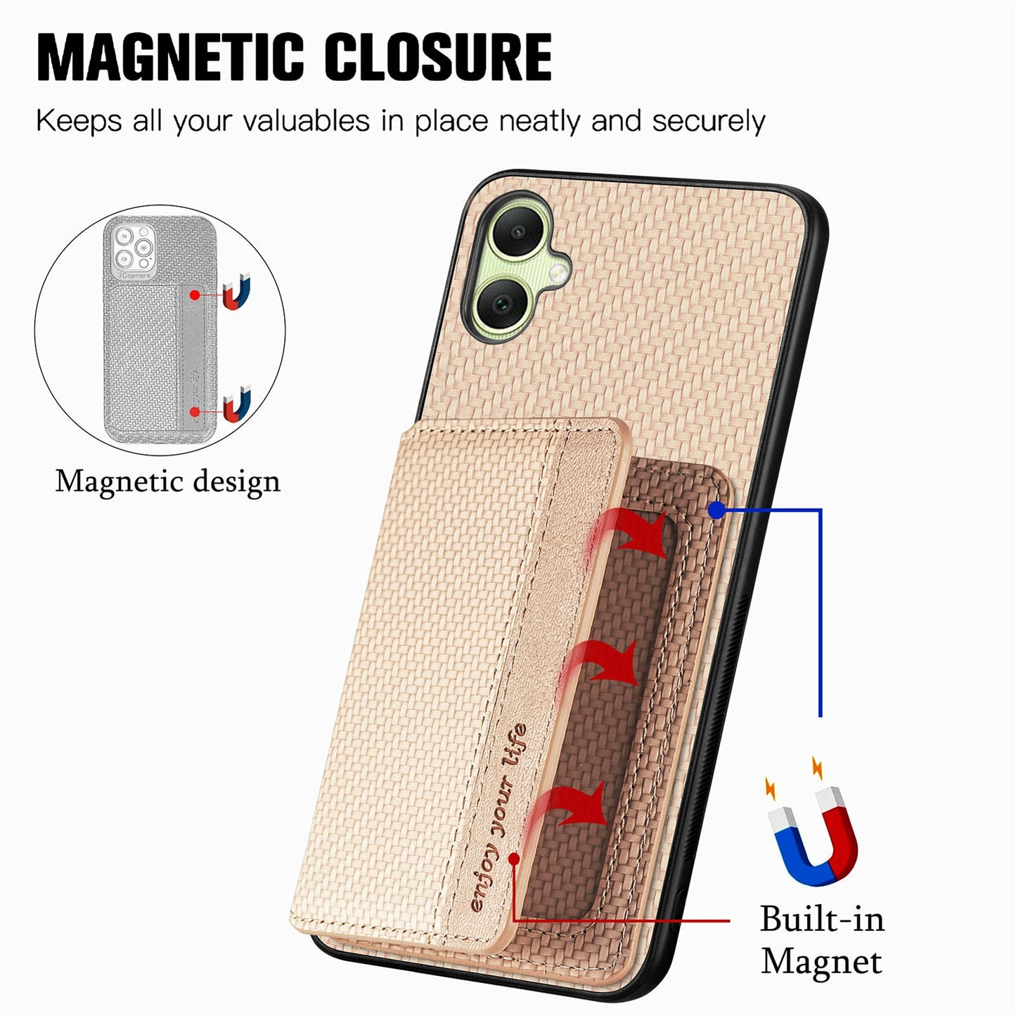 For Samsung Galaxy A06 Case RFID Blocking Card Holder Carbon Fiber Leather+PC+TPU Phone Cover - Apricot