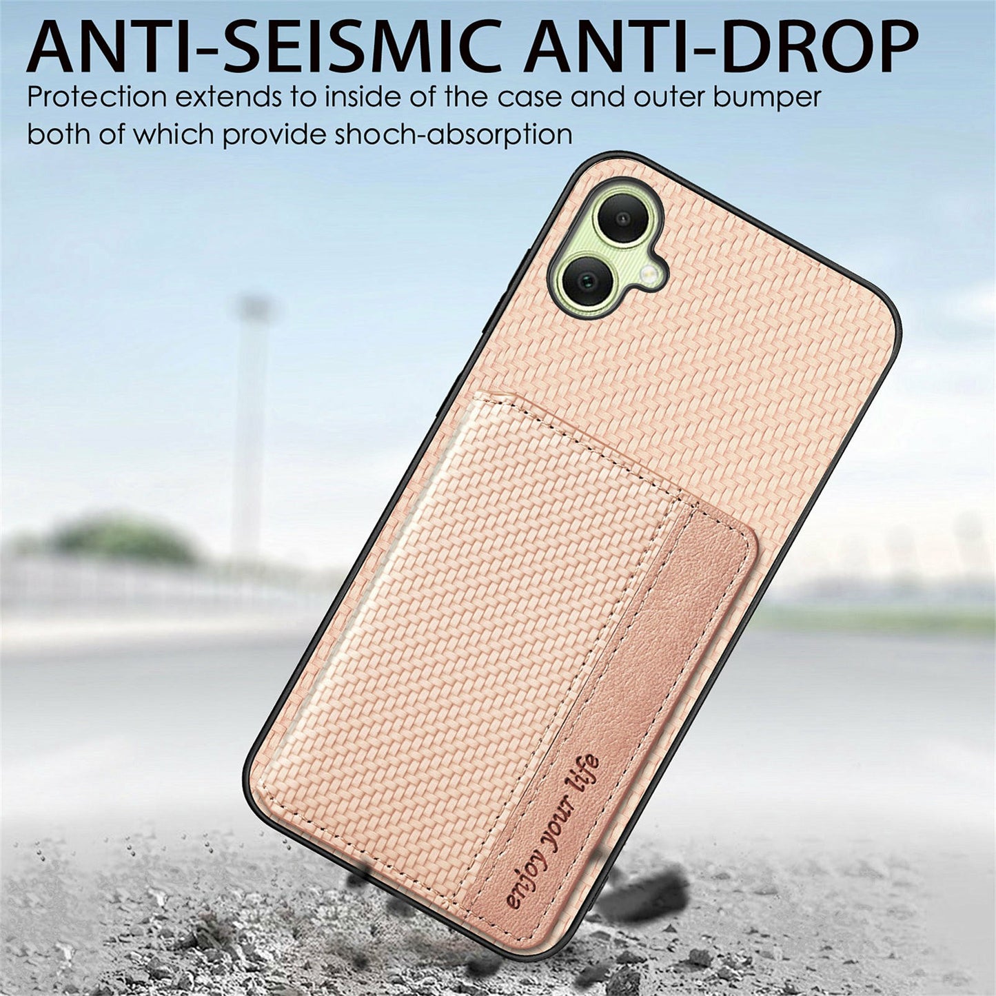 For Samsung Galaxy A06 Case RFID Blocking Card Holder Carbon Fiber Leather+PC+TPU Phone Cover - Apricot