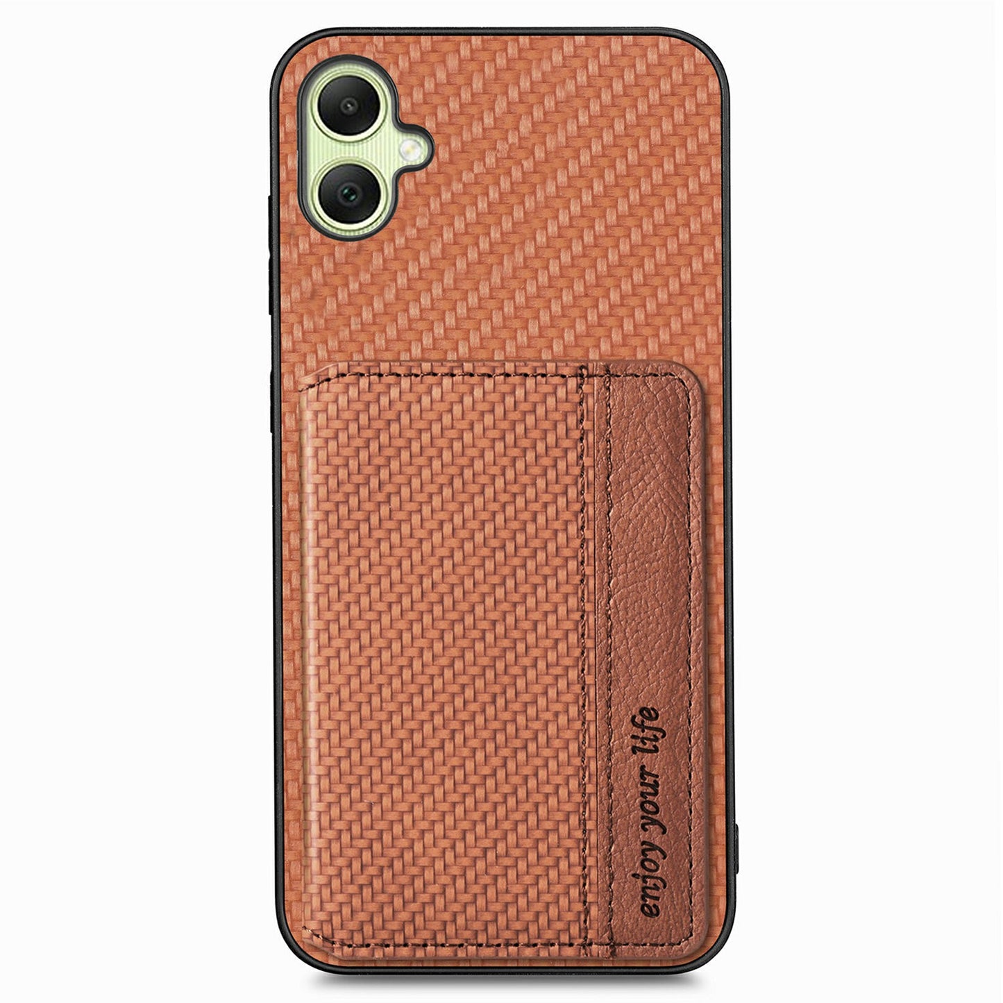 For Samsung Galaxy A06 Case RFID Blocking Card Holder Carbon Fiber Leather+PC+TPU Phone Cover - Brown