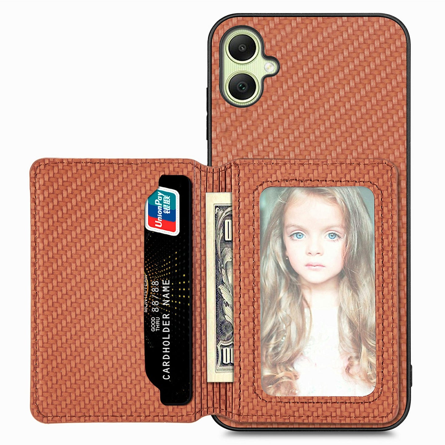 For Samsung Galaxy A06 Case RFID Blocking Card Holder Carbon Fiber Leather+PC+TPU Phone Cover - Brown