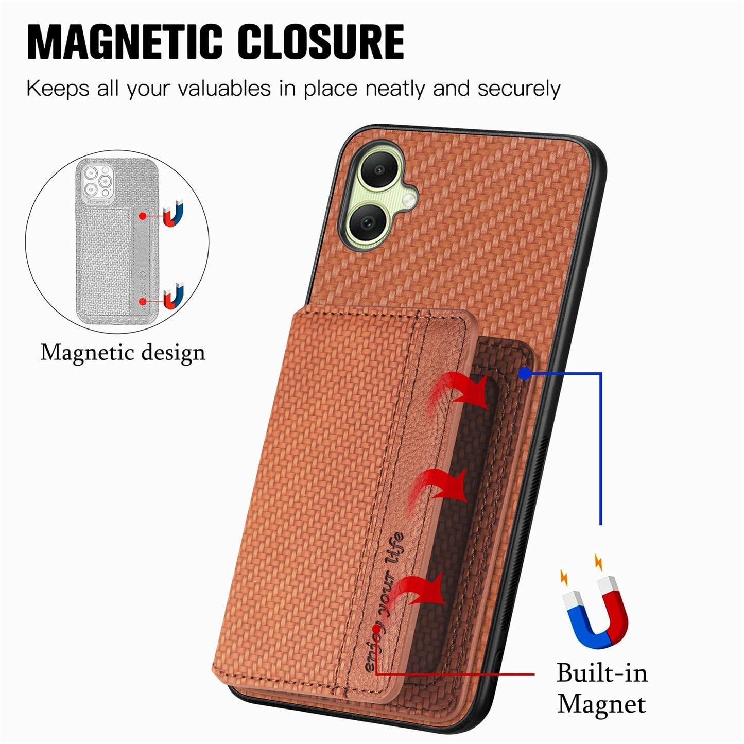 For Samsung Galaxy A06 Case RFID Blocking Card Holder Carbon Fiber Leather+PC+TPU Phone Cover - Brown