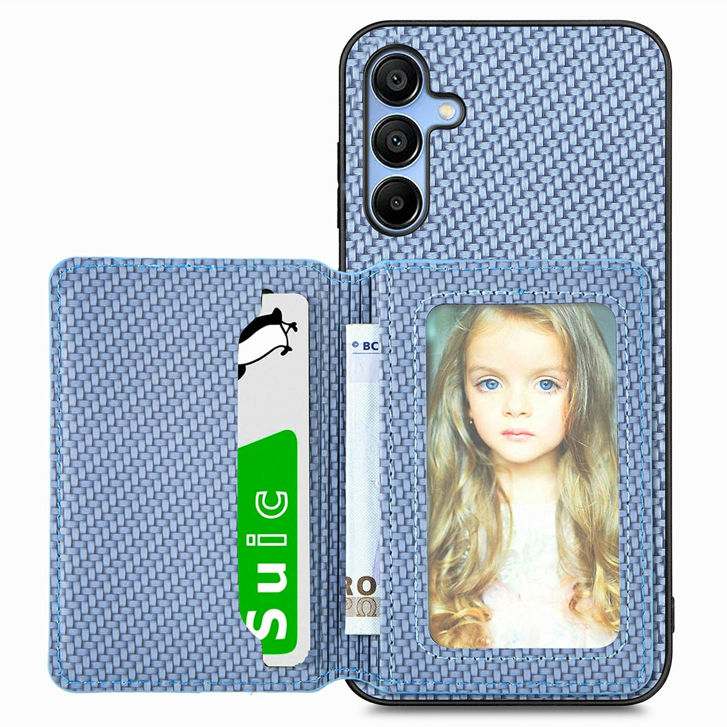 For Samsung Galaxy A16 4G / 5G Case RFID Blocking Card Holder Carbon Fiber Leather+PC+TPU Phone Cover - Blue