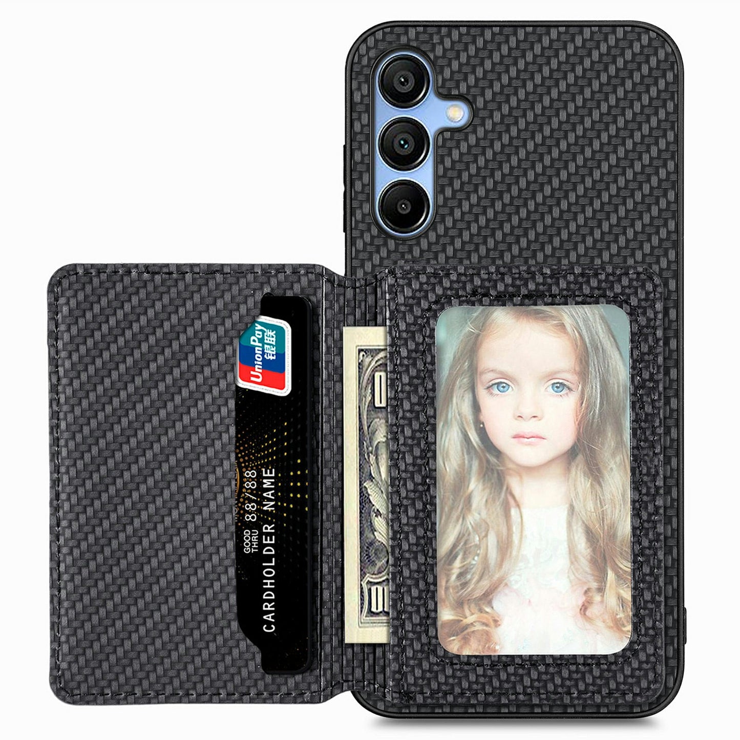 For Samsung Galaxy A16 4G / 5G Case RFID Blocking Card Holder Carbon Fiber Leather+PC+TPU Phone Cover - Black