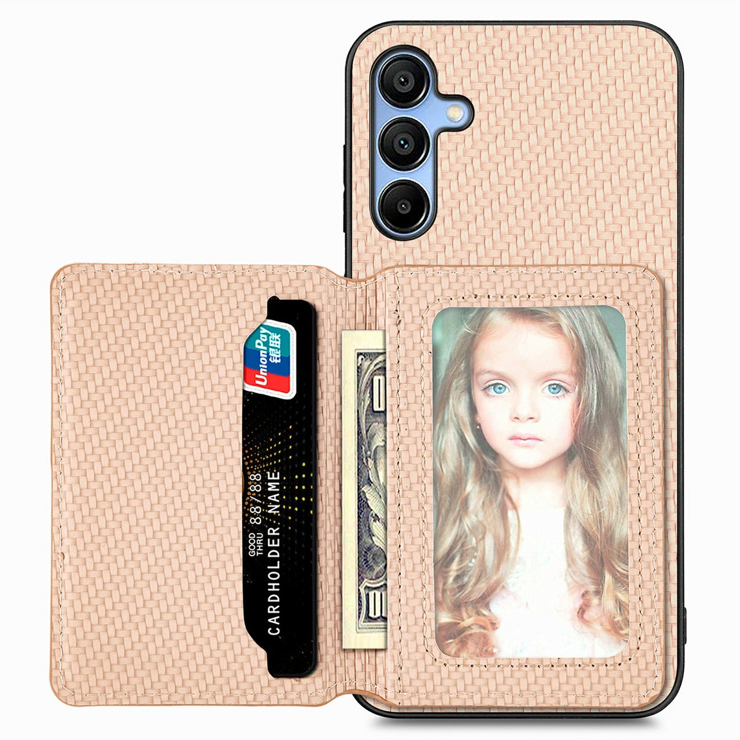 For Samsung Galaxy A16 4G / 5G Case RFID Blocking Card Holder Carbon Fiber Leather+PC+TPU Phone Cover - Apricot