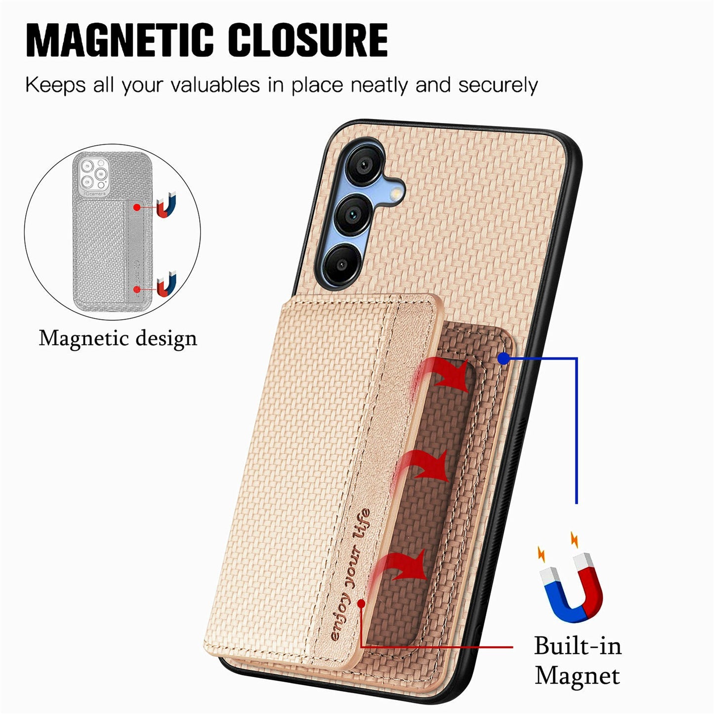For Samsung Galaxy A16 4G / 5G Case RFID Blocking Card Holder Carbon Fiber Leather+PC+TPU Phone Cover - Apricot