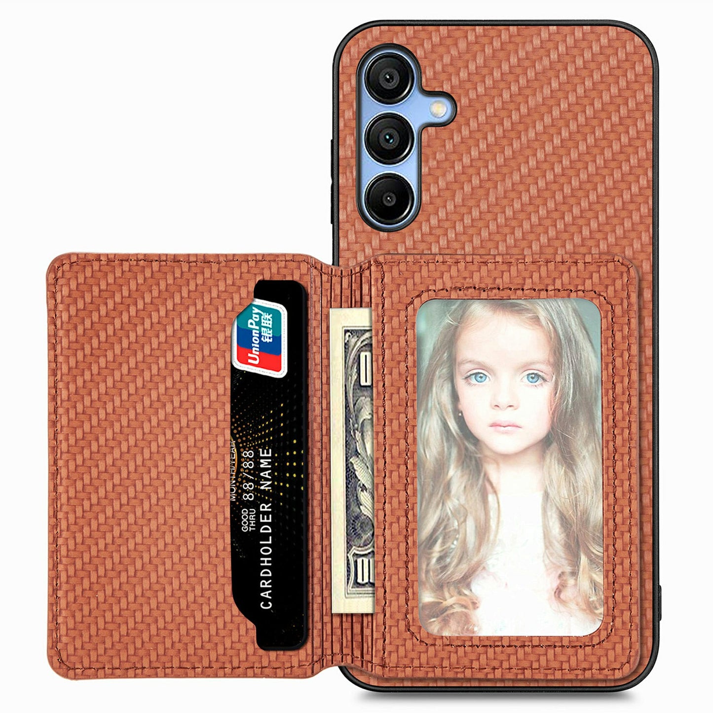 For Samsung Galaxy A16 4G / 5G Case RFID Blocking Card Holder Carbon Fiber Leather+PC+TPU Phone Cover - Brown