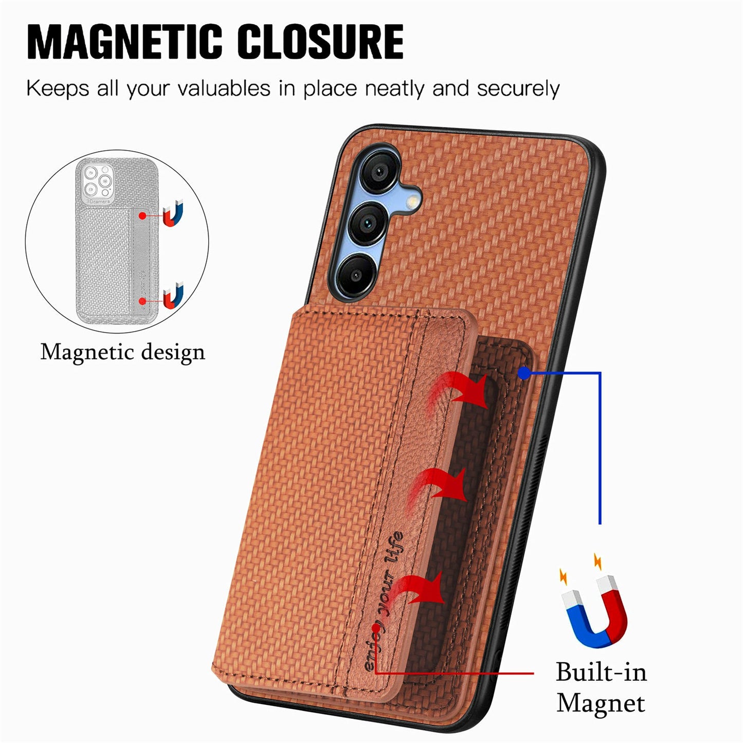 For Samsung Galaxy A16 4G / 5G Case RFID Blocking Card Holder Carbon Fiber Leather+PC+TPU Phone Cover - Brown