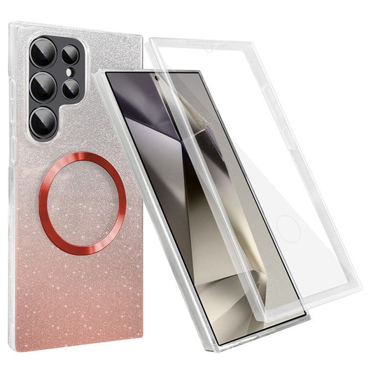 For Samsung Galaxy S24 Ultra Glitter Case Compatible with MagSafe PC+TPU Phone Cover with PET Screen Film - Red