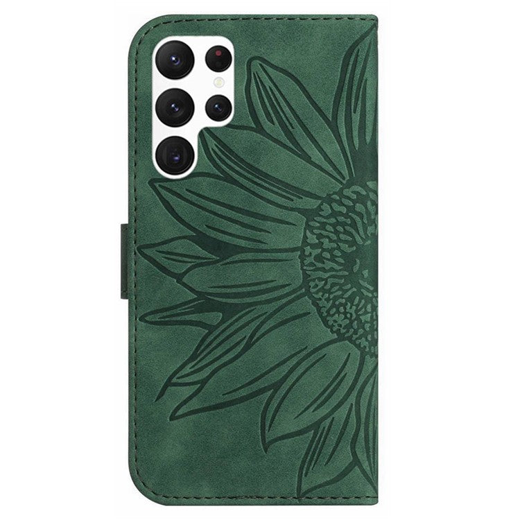 HT04 For Samsung Galaxy S25 Ultra Case Sunflower Imprint Leather Wallet Phone Cover with Wrist Strap - Green