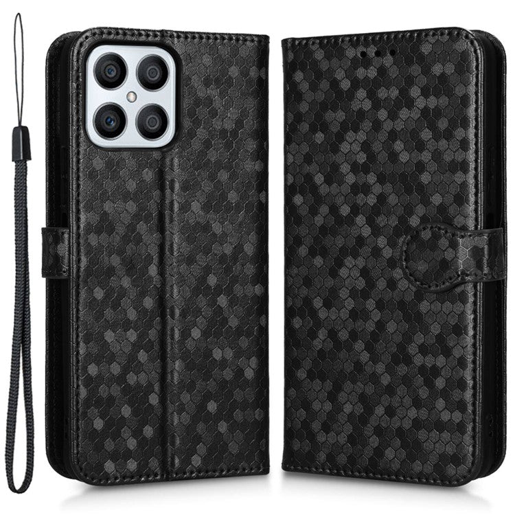 For Honor X8 4G 4G Full Coverage PU Leather Phone Cover Dot Pattern Imprinted Wallet Stand Magnetic Phone Case with Strap - Black