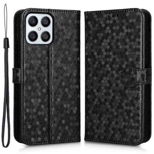 For Honor X8 4G 4G Full Coverage PU Leather Phone Cover Dot Pattern Imprinted Wallet Stand Magnetic Phone Case with Strap - Black