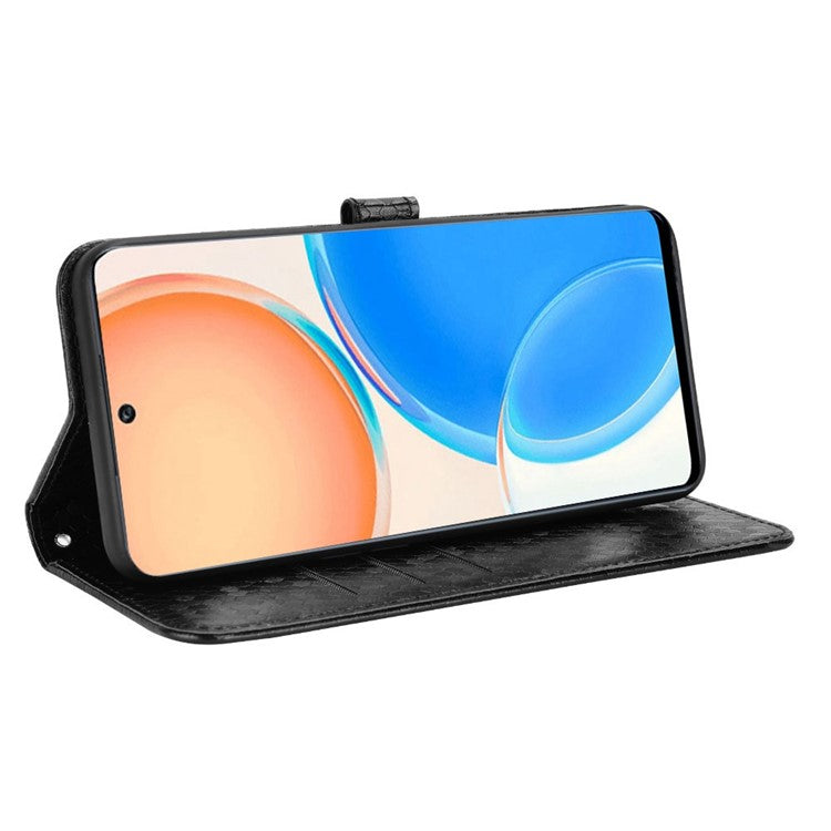 For Honor X8 4G 4G Full Coverage PU Leather Phone Cover Dot Pattern Imprinted Wallet Stand Magnetic Phone Case with Strap - Black