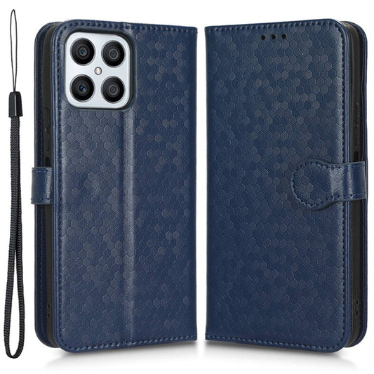 For Honor X8 4G 4G Full Coverage PU Leather Phone Cover Dot Pattern Imprinted Wallet Stand Magnetic Phone Case with Strap - Dark Blue
