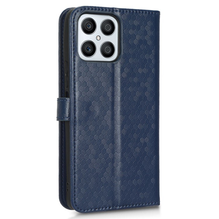For Honor X8 4G 4G Full Coverage PU Leather Phone Cover Dot Pattern Imprinted Wallet Stand Magnetic Phone Case with Strap - Dark Blue