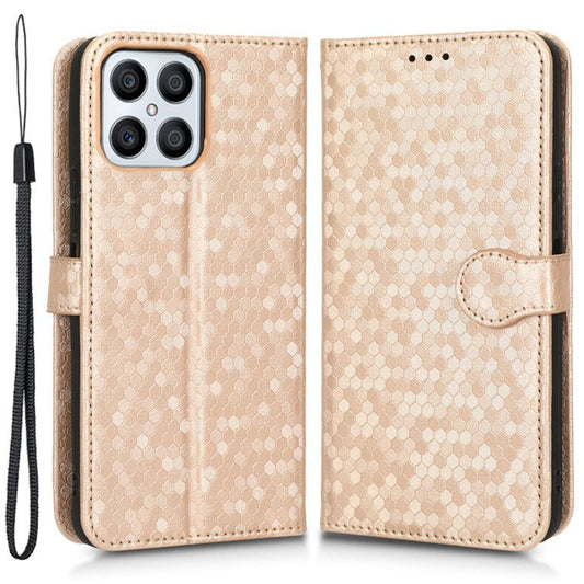For Honor X8 4G 4G Full Coverage PU Leather Phone Cover Dot Pattern Imprinted Wallet Stand Magnetic Phone Case with Strap - Rose Gold