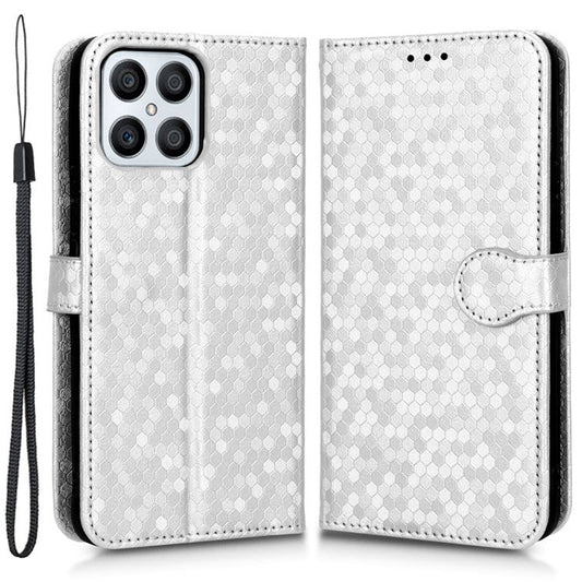 For Honor X8 4G 4G Full Coverage PU Leather Phone Cover Dot Pattern Imprinted Wallet Stand Magnetic Phone Case with Strap - Silver