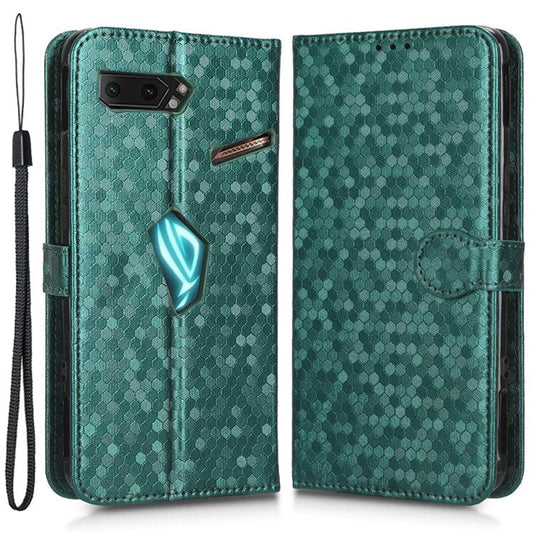 For Asus ROG Phone II ZS660KL PU Leather Flip Phone Cover Dot Pattern Imprinted Wallet Horizontal Stand Magnetic Phone Case with Strap - Green